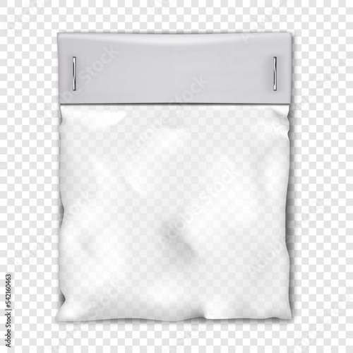 Empty square clear plastic pouch bag with white blank paper top mock-up. Transparent nylon package vector mockup