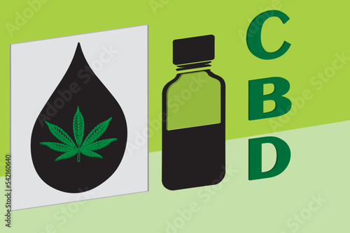 Various glass bottles with CBD oil, THC tincture and hemp leaves on a marble background. Flat lay, minimalism. Cosmetics CBD oil.