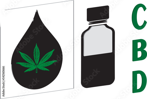 Various glass bottles with CBD oil, THC tincture and hemp leaves on a marble background. Flat lay, minimalism. Cosmetics CBD oil.