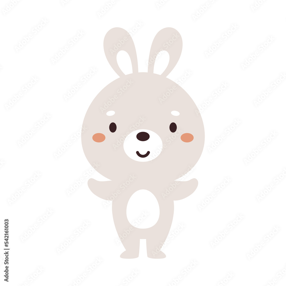 Obraz premium Cute little bunny on white background. Cartoon animal character for kids cards, baby shower, invitation, poster, t-shirt composition, house interior. Vector stock illustration