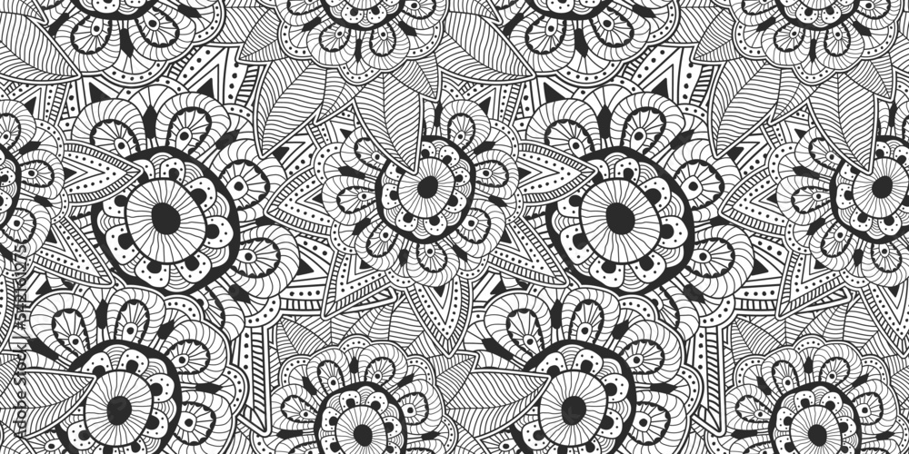 Black and white floral scribble illustration. Abstract vector hand drawn flower seamless background.