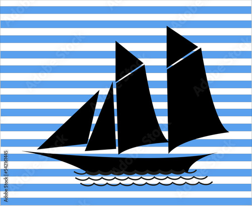 Silhouette de voilier deux mats sur fond de bandes blanches et bleues
