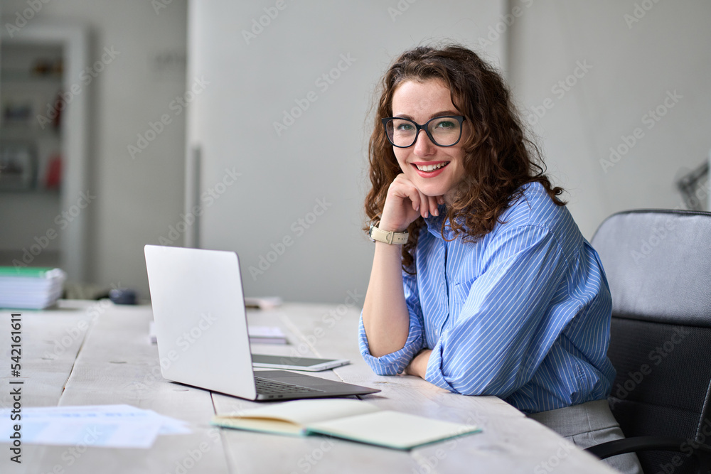 Young happy business woman company employee sitting at desk working on laptop. Smiling female professional entrepreneur worker using computer in corporate modern office looking at camera. Portrait. - obrazy, fototapety, plakaty 