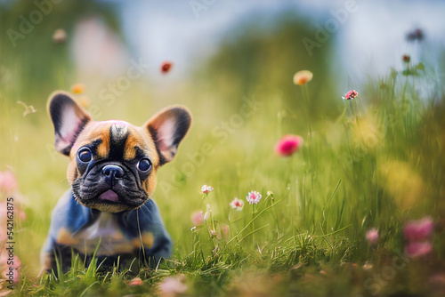 cute little french bulldog sitting on a colorful meadow