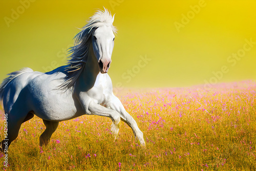 Schilderij op canvas a white horse runs across a colorful meadow