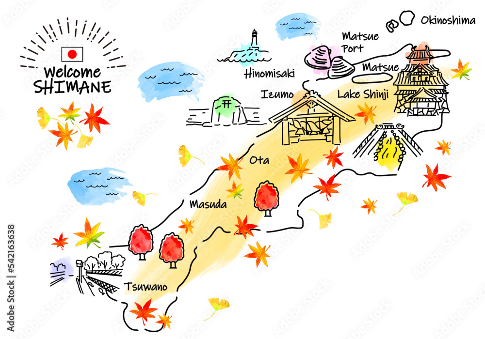 秋の島根の観光地シンプル線画イラストマップ