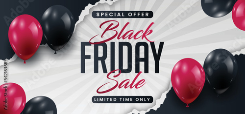 Modern realistics black friday sale banner with pink and black balloons