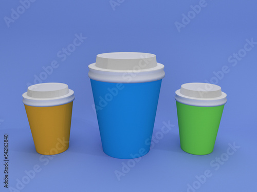 Wallpaper Mural paper coffee cup 3 variant collor  with blank label in 3D illustration floating on blue background Torontodigital.ca