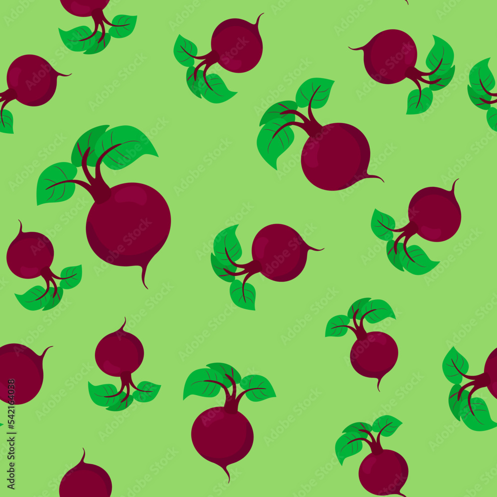 Seamless pattern beets on a green background. Vegetables in cartoon background for textile, packaging and kitchen design. Seamless pattern beets on a green background. Vegetables in cartoon background for textile, packaging and kitchen design.