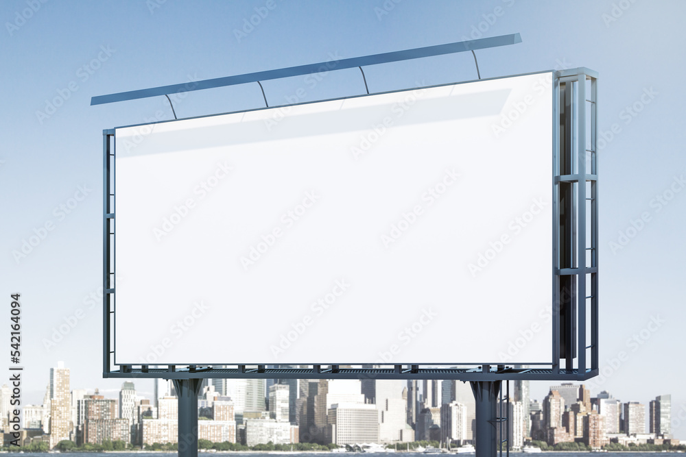 Blank white billboard on cityscape background at daytime, perspective view. Mock up, advertising concept Blank white billboard on cityscape background at daytime, perspective view. Mock up, advertising concept