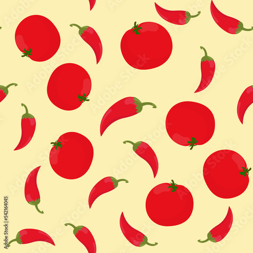 Seamless pattern ripe red tomato and hot pepper on a beige background. Vegetables in cartoon background for textile, packaging and kitchen design.