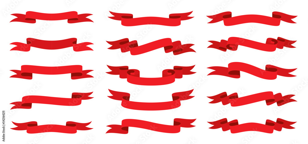Red ribbon flat set. Blank tape banner for advertising promotion, sale text, header title decor, badge, emblem, empty frame. Curled scroll ribbons. Elegant retro flag, background stripe