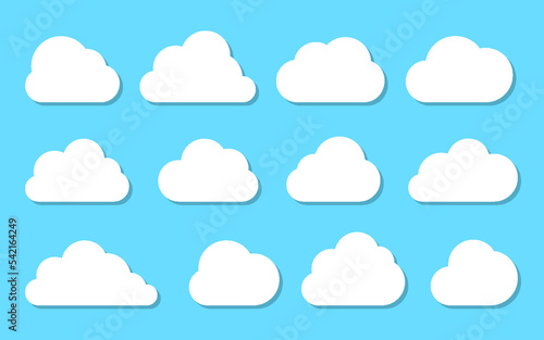 Clouds white flat icon set isolated on blue sky. Different shape cloud abstract web banner template outline cartoon speech bubble symbol. Digital internet network data technology business concept sign
