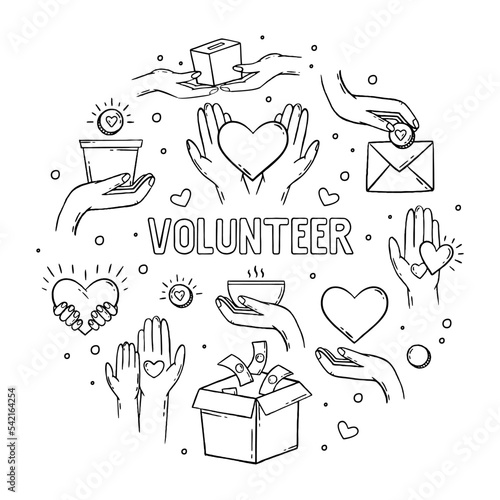 Charity donation for health. A set with elements of hearts in his hands. Vector illustration of a doodle