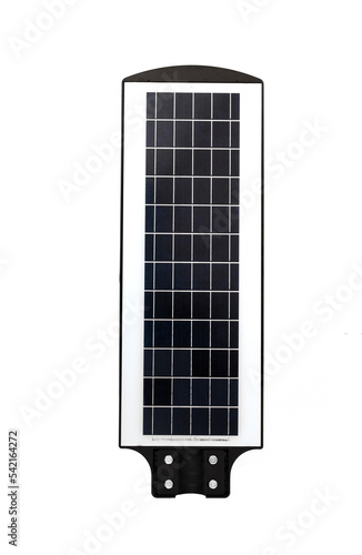 Solar Led Lighting with solar energy panel isolated on a white background. Green energy source. Energy consumption concept. Clipping path. Portable light