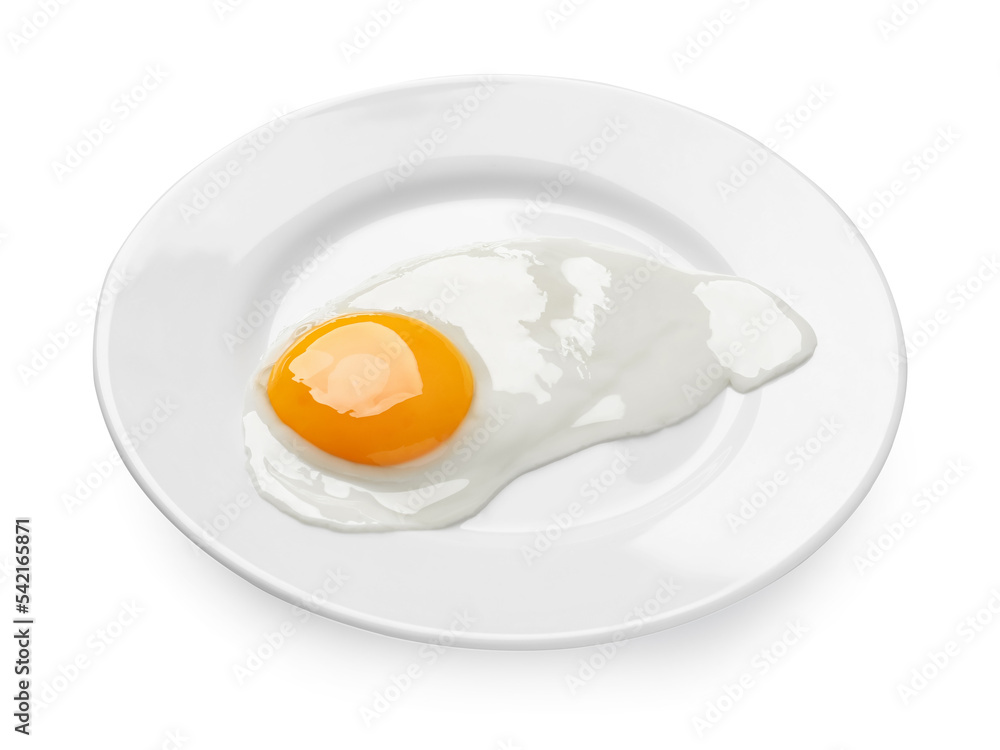 Plate with tasty fried egg isolated on white Plate with tasty fried egg isolated on white