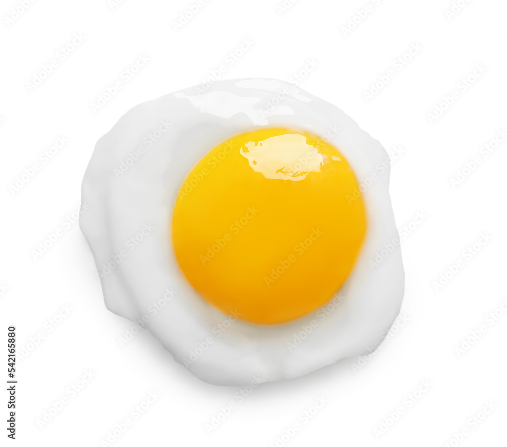 Tasty fried chicken egg isolated on white, top view