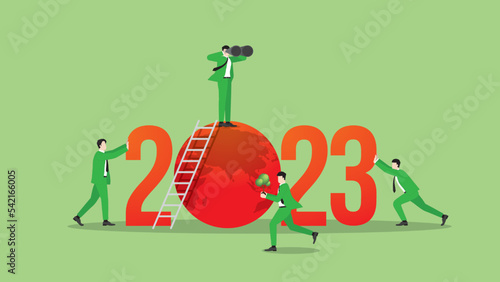 ESG and green business policy concept. Teamwork of green vision businessman in the year 2023. Carbon dioxide net zero emission, carbon footprint, planting tree, global greenhouse gas, save the world.