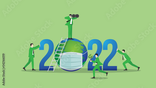 ESG and green business policy concept. Teamwork of green vision businessman in the year 2022. Carbon dioxide net zero emission, carbon footprint, planting tree, global greenhouse gas, save the world.
