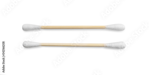 Wooden cotton buds on white background, top view