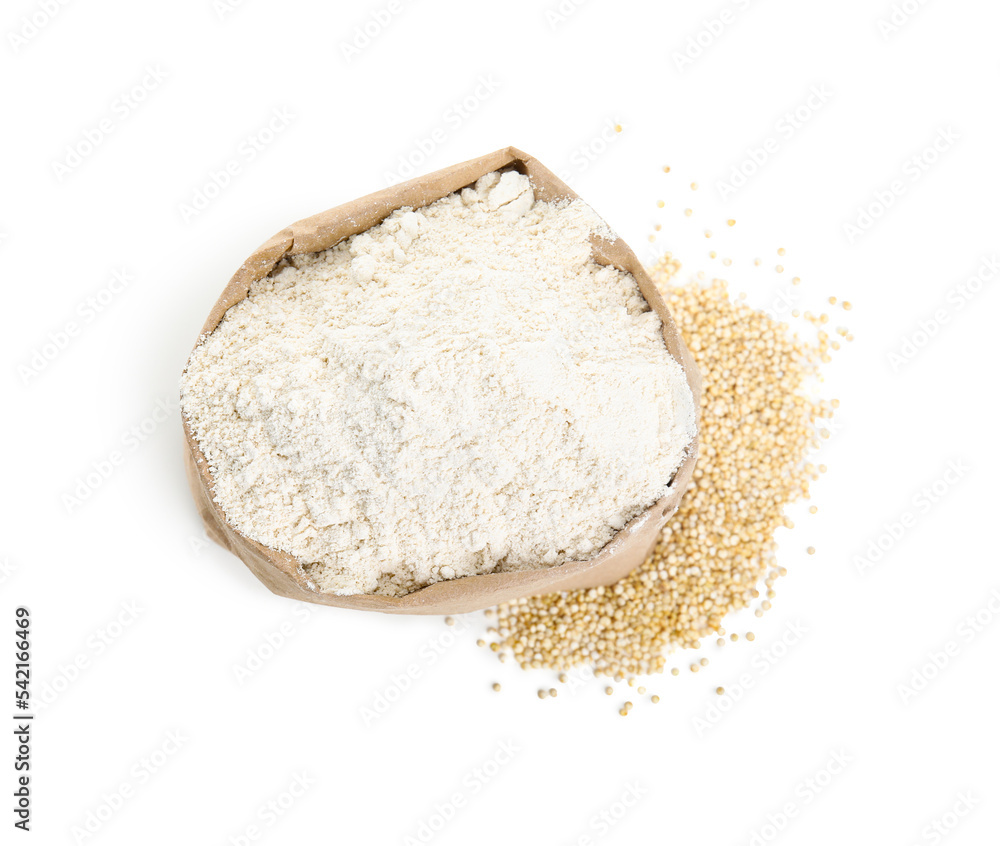 Paper bag with quinoa flour and grains isolated on white, top view Paper bag with quinoa flour and grains isolated on white, top view