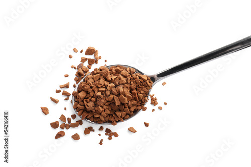 Spoon with aromatic instant coffee isolated on white, top view