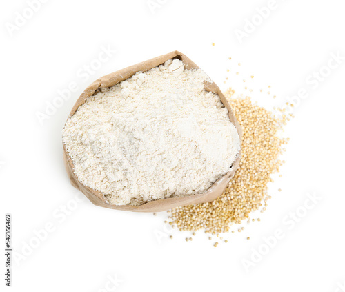 Paper bag with quinoa flour and grains isolated on white, top view