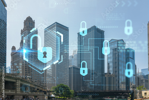 Panorama cityscape of Chicago downtown and Riverwalk, boardwalk with bridges at day time, Chicago, Illinois, USA. The concept of cyber security to protect companies confidential information