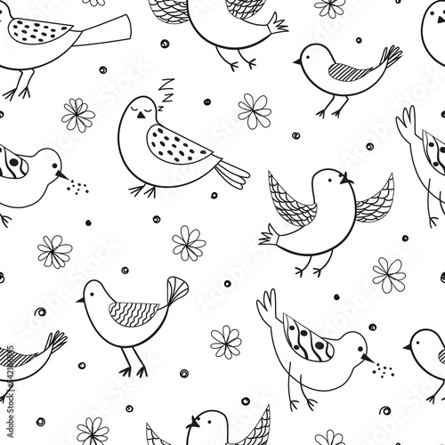 Cute hand-drawn birds pattern. Black and white vector illustration.
