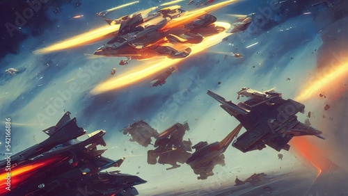 Leinwand Poster Space battle of spaceships and battle cruisers, laser shots sparks and explosions