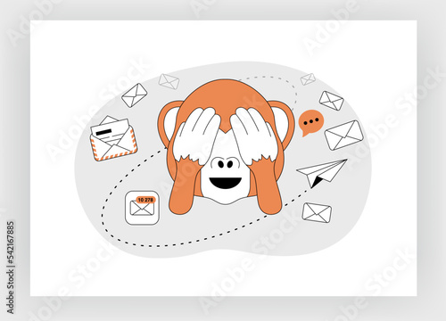 Unsubscribe screen with monkey. Unfollow concept. Spamming. Many incoming emails. Template web banner, mobile app. Flat vector illustration on white background.
