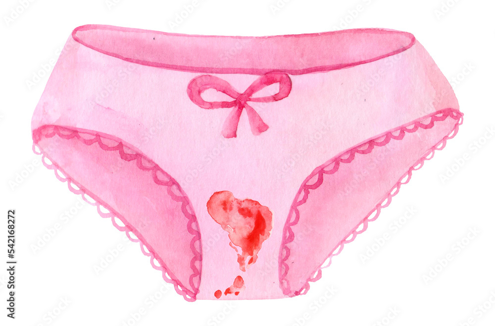 Menstrual period. Women's watercolor underpants with menstrual blood. Feminine hygiene. Women underwear, lingerie, underpants. Body positive concepts. Watercolor colorful illustration. Menstrual period. Women's watercolor underpants with menstrual blood. Feminine hygiene. Women underwear, lingerie, underpants. Body positive concepts. Watercolor colorful illustration.