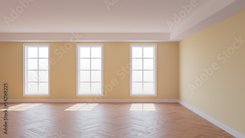 Beautiful Empty Interior of the Beige Room with a White Ceiling and Cornice  Glossy Herringbone Parquet Flooring  Three Large Windows and a White Plinth. 3D illustration  8K Ultra HD  7680x4320