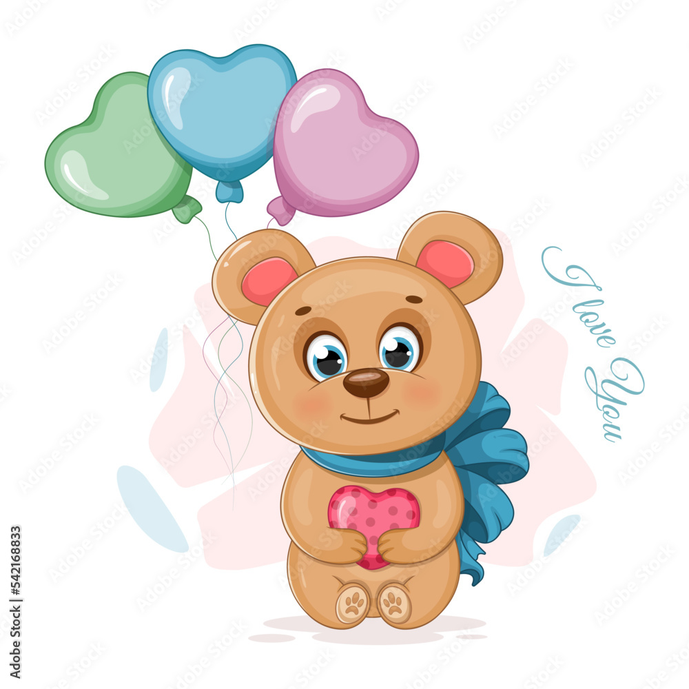Cute cartoon teddy bear with a heart and balloons Cute cartoon teddy bear with a heart and balloons