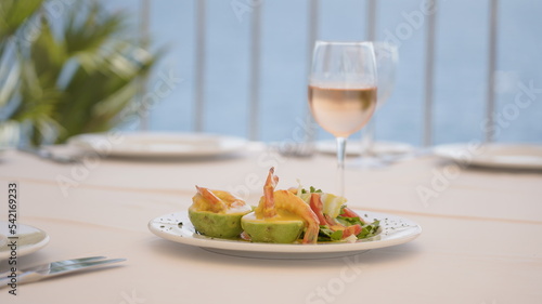 healthy sea food presentation on white table