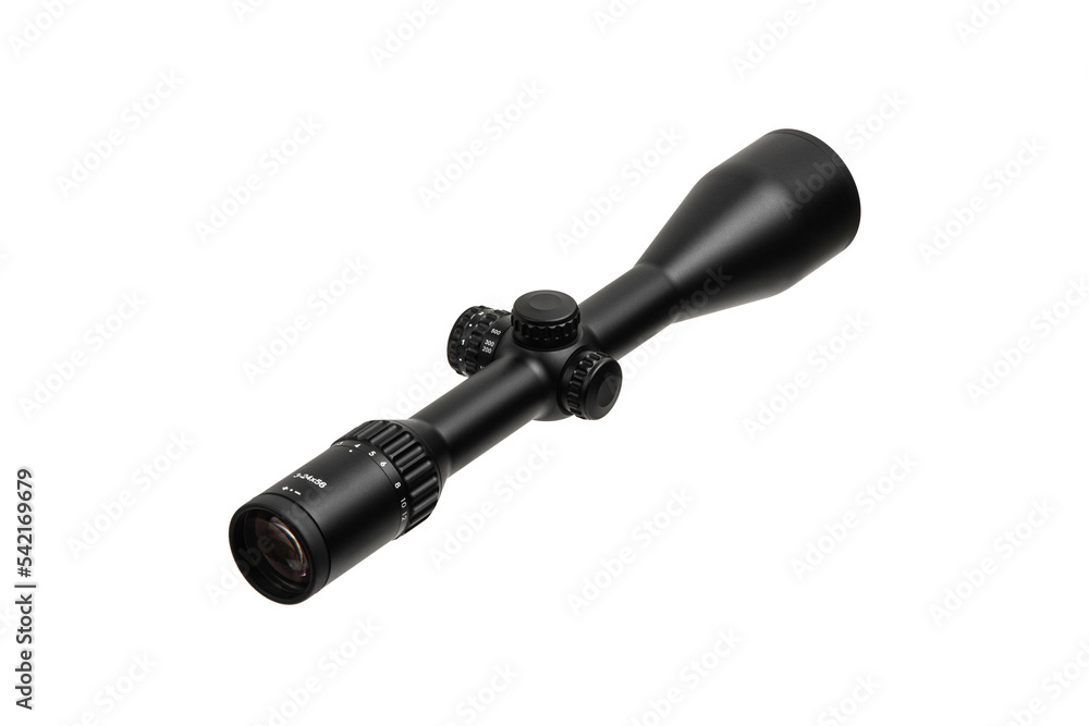 Modern black optical sight. Optical device for aiming at long distances. Isolate on a white back Modern black optical sight. Optical device for aiming at long distances. Isolate on a white back
