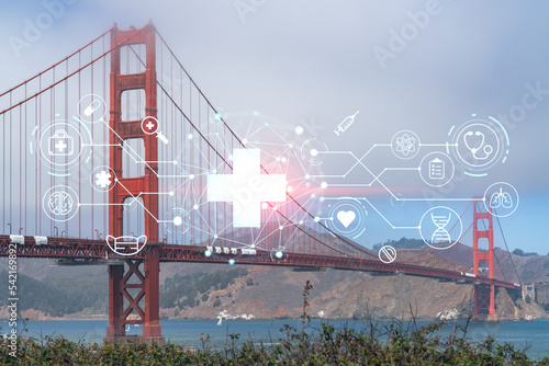 The iconic view of the Golden Gate Bridge from South side at day time, San Francisco, California, United States. Health care digital medicine hologram. The concept of treatment and disease prevention