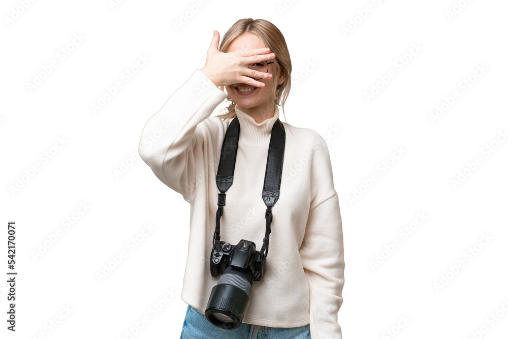 Young photographer English woman over isolated background covering eyes by hands and smiling