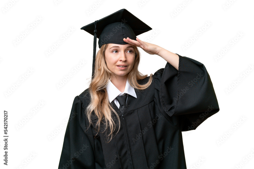 Young university English graduate woman over isolated background looking far away with hand to look something Young university English graduate woman over isolated background looking far away with hand to look something