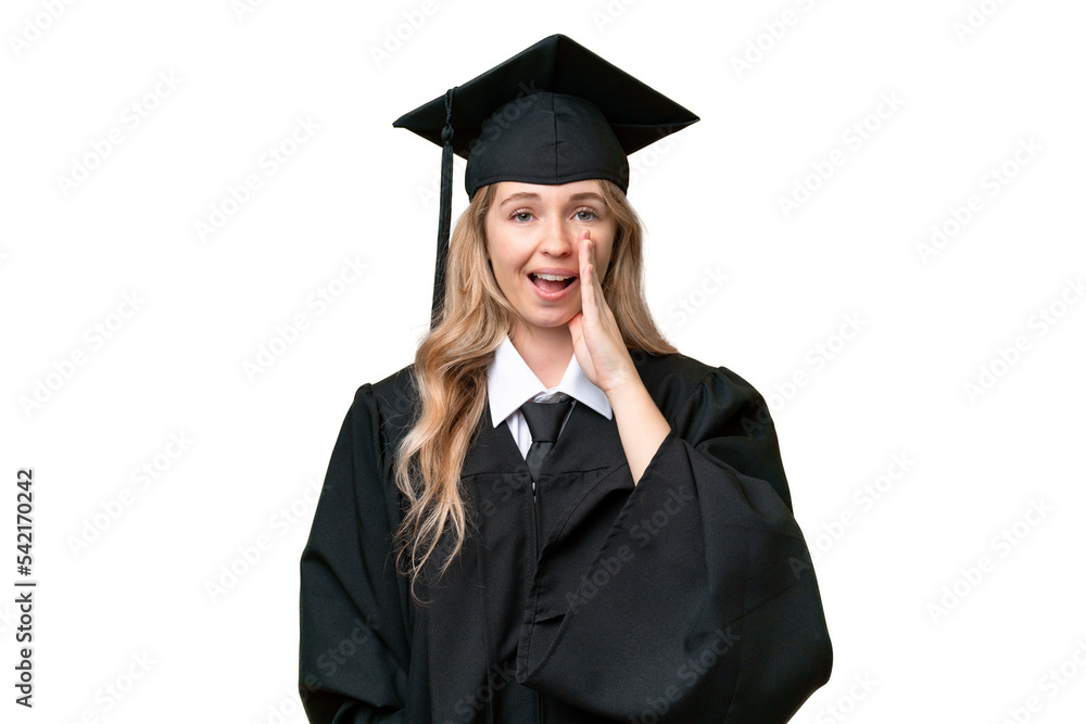 Young university English graduate woman over isolated background shouting with mouth wide open Young university English graduate woman over isolated background shouting with mouth wide open