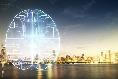 Virtual creative artificial Intelligence hologram with human brain sketch on Chicago skyline background. Multiexposure