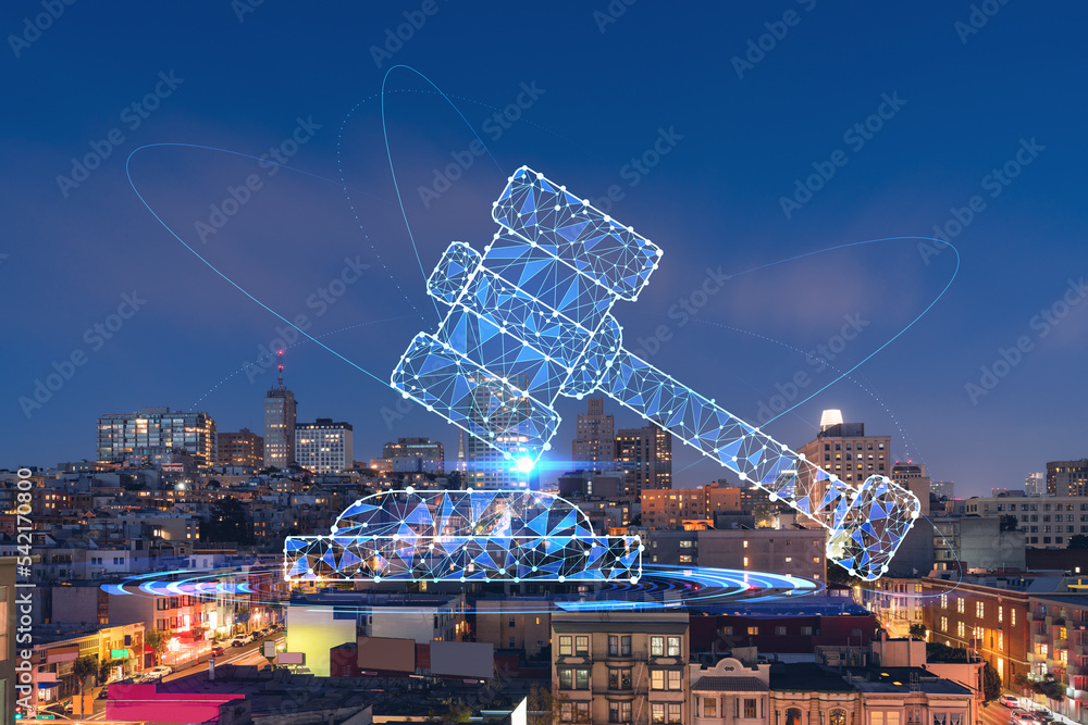 Roof top panoramic city view of San Francisco at night time, midtown skyline, California, United States. Glowing hologram legal icons. The concept of law, order, regulations and digital justice