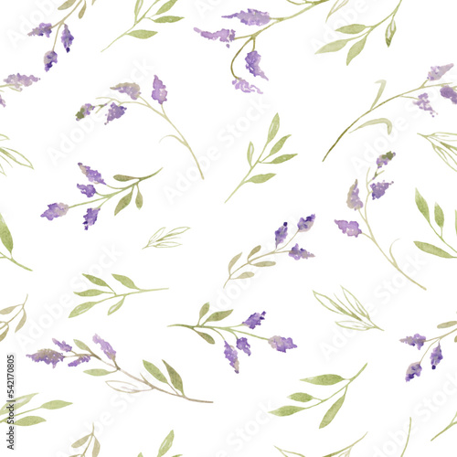 Watercolor gentle seamless pattern with  abstract small purple flowers, leaves. Hand drawn floral illustration isolated on white background. For packaging, wrapping design or print. Vector EPS.