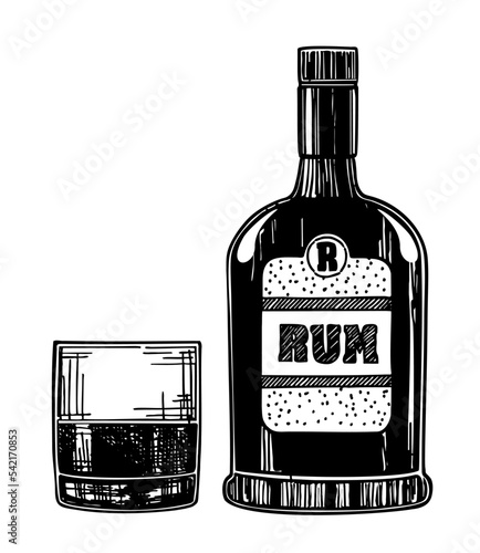 Rum bottle and glass. Glass of alcohol, bottle and rum logo. Design for advertising of strong alcoholic drink