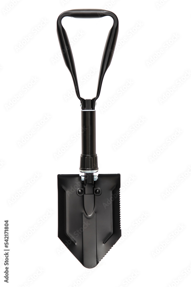 Black folding camping shovel isolated on white background. Army portable tool Black folding camping shovel isolated on white background. Army portable tool