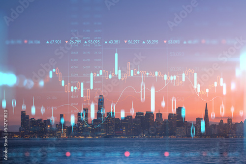Skyline of San Francisco Panorama city view at Illuminated sunset from Treasure Island, California, S. Forex candlestick graph, charts hologram. The concept of internet trading, brokerage, analysis