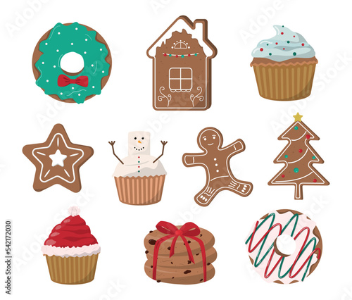 Cartoon Christmas bakery collection. Festive donuts, gingerbread cookies, and cupcakes. Isolated on white background. Winter seasonal sweets and desserts