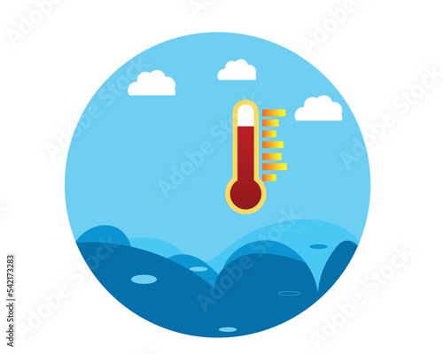 flat illustration of sea water rising to the surface due to the heat of the sun and global warning