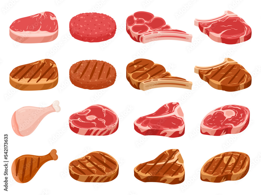Cartoon raw and grilled meat steak, fresh burger patty. Roasted, grilled pork and beef steaks, raw meat semi-finished products flat vector illustration set. Butcher shop food Cartoon raw and grilled meat steak, fresh burger patty. Roasted, grilled pork and beef steaks, raw meat semi-finished products flat vector illustration set. Butcher shop food