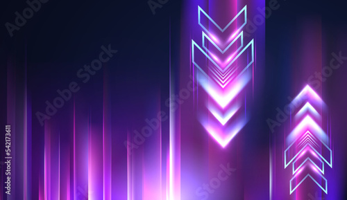 Dynamic abstract background with glowing effects and arrows moving from top to bottom. High speed data streaming. Neon motion with light flares.